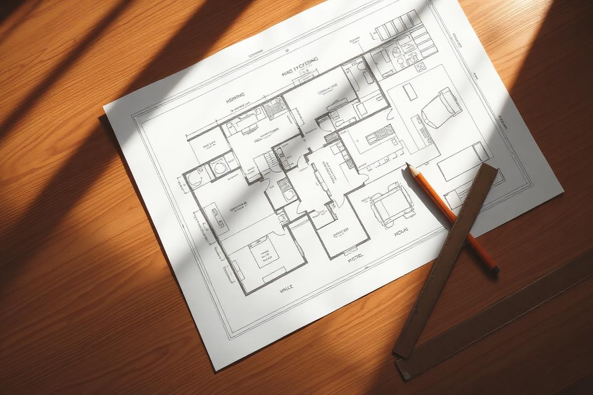 Plano arquitectónico sobre mesa de madera